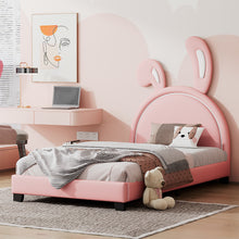 Load image into Gallery viewer, Twin Size Upholstered Leather Platform Bed with Rabbit Ornament, Pink