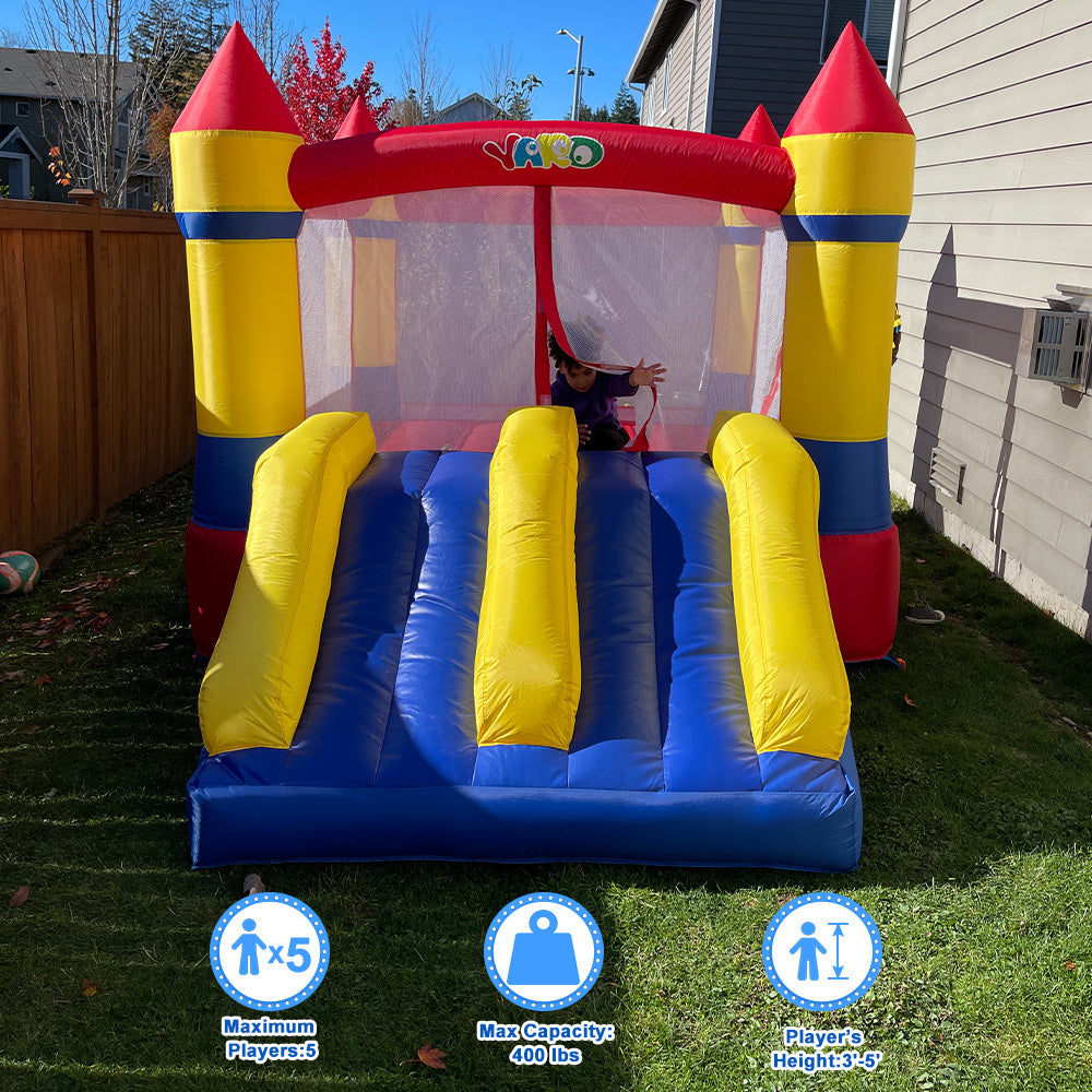 Bounce House Dual Castle Slide with Air Blower, Four-Sided Protection Net, Inflatable Bounce House for Outdoor Indoor Party