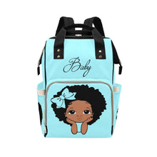 Load image into Gallery viewer, Personalize Optional - Designer Diaper Bags - African American Baby Girl Natural Curls And Electric Blue Bow - Waterproof Multi-Function Backpack